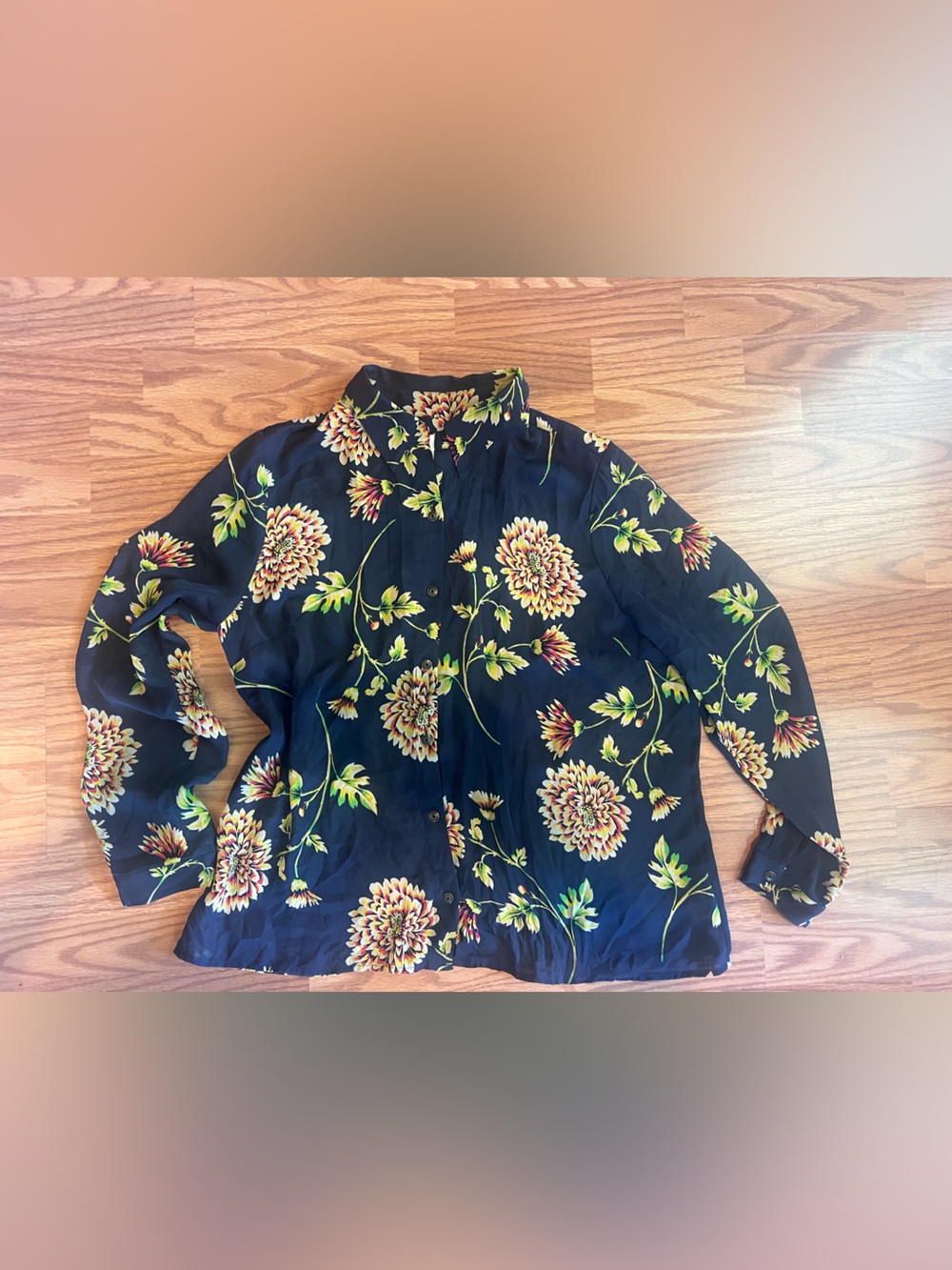 CAbi Navy Blue Button-Down Blouse with Yellow & Green Floral Print